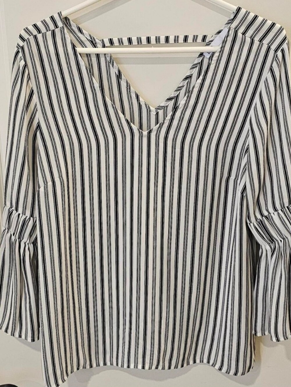 Striped V-Neck Bell Sleeve Blouse - Black & White